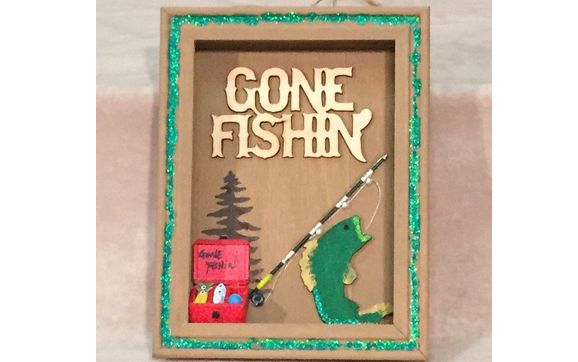 Hand Crafted Light Brown Wood "Gone Fishin'" 3-D Shadowbox With Tackle Box Home Décor by Country Spunk