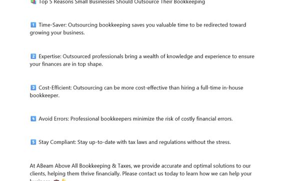 Top 5 Reasons Small Businesses Should Outsource Their Bookkeeping by ABeam Above All Bookkeeping & Taxes