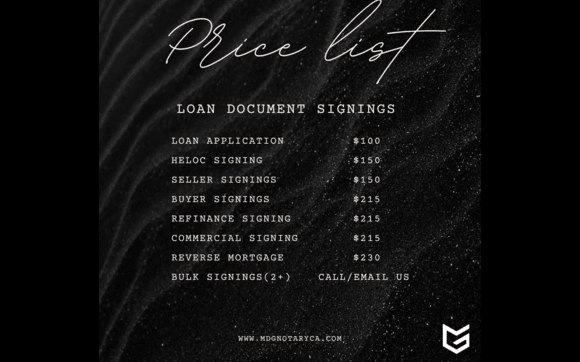 LOAN SIGNING AGENT PRICE LIST:  by MDG NOTARY