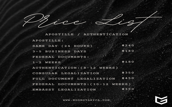 Apostille-Authentication Price List by MDG NOTARY