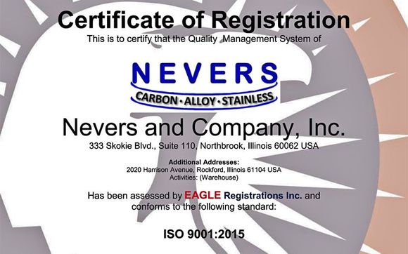 ISO 9001:2015 Certified by Nevers and Company, Inc. - CHQ Wire Distributor