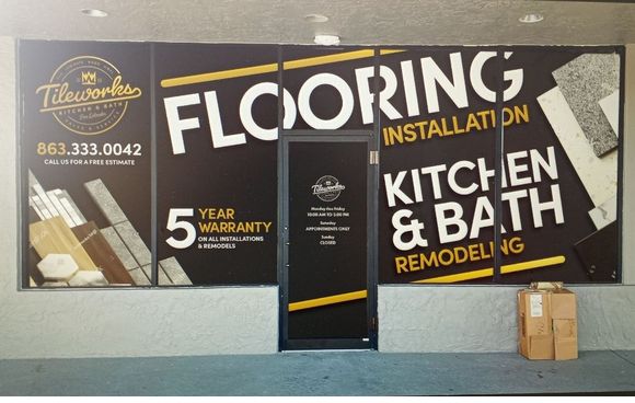 Our window sign turned out great! Stop by and see us. by Tileworks Kitchen & Bath