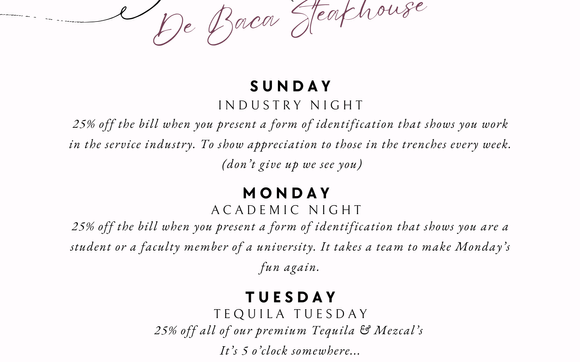Daily specials at De Baca Steakhouse by De Baca Steakhouse