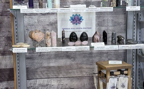 A curated display of high-quality crystals, handcrafted jewelry, and metaphysical tools at Tranquil Soul Crystal Boutique. by Tranquil Soul Crystal Boutique
