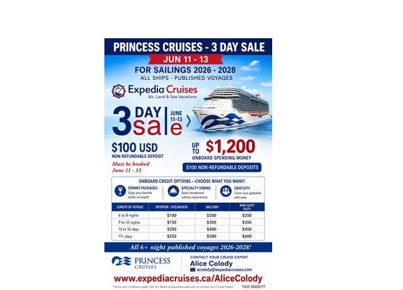 Princess Cruises -3 Day Sale  (11-13 June) by EXPEDIA CRUISES-www.Expediacruises.ca/AliceColody - Cruises, Destination Weddings  