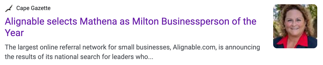 Lisa Mathena as a local winner of Alignable's 2023 contest