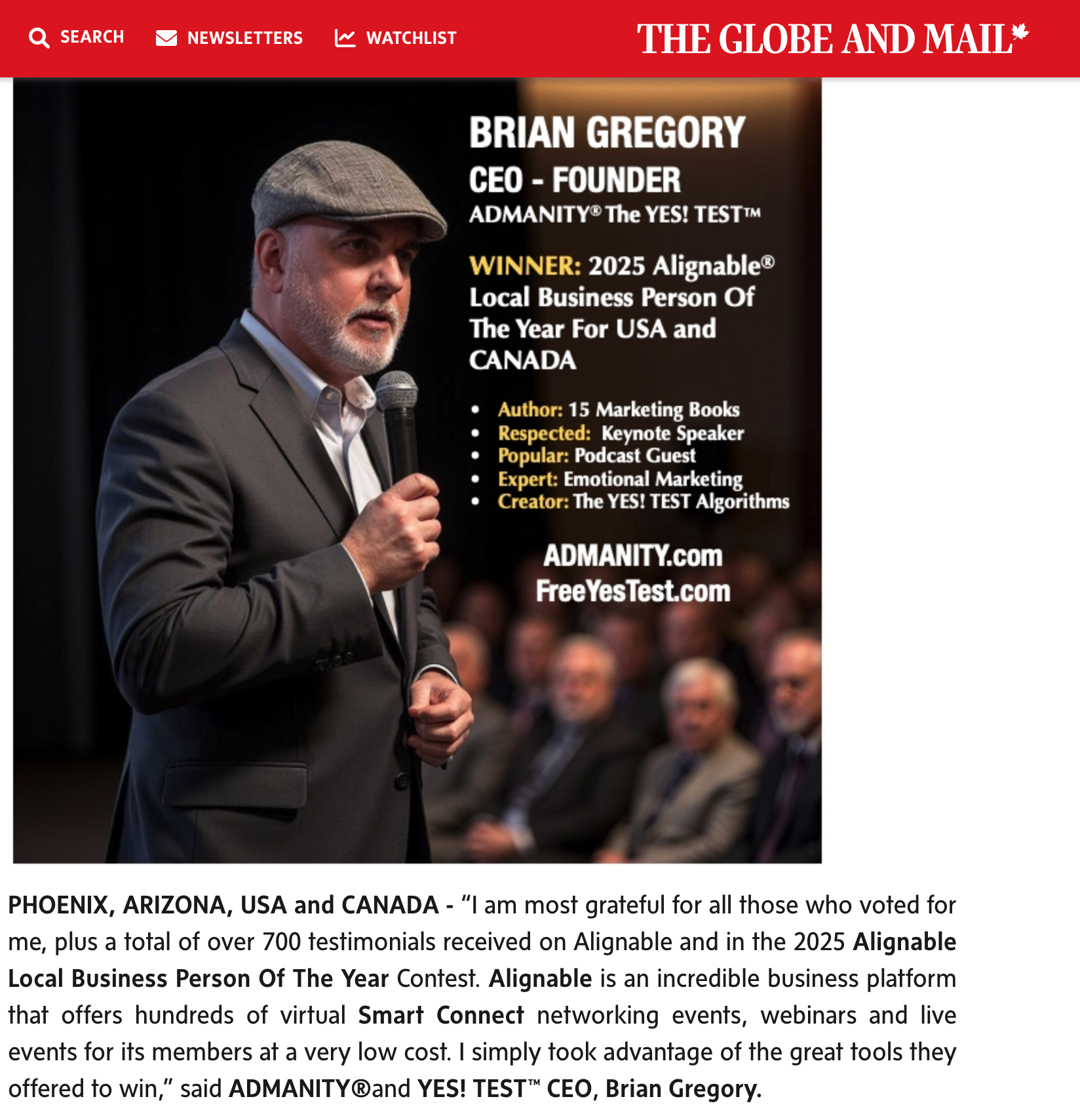 Brian Gregory's press release coverage in The Globe and Mail