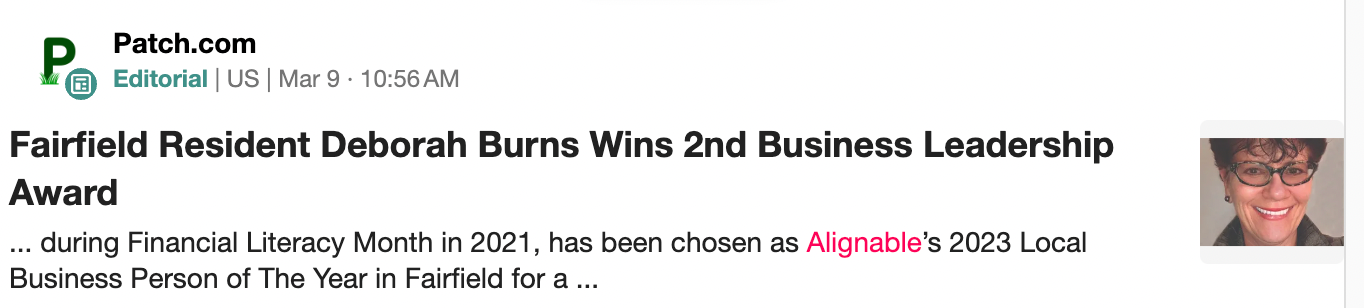Deborah Burns wins 2nd year of Alignable Local Business Person Of The Year Contest