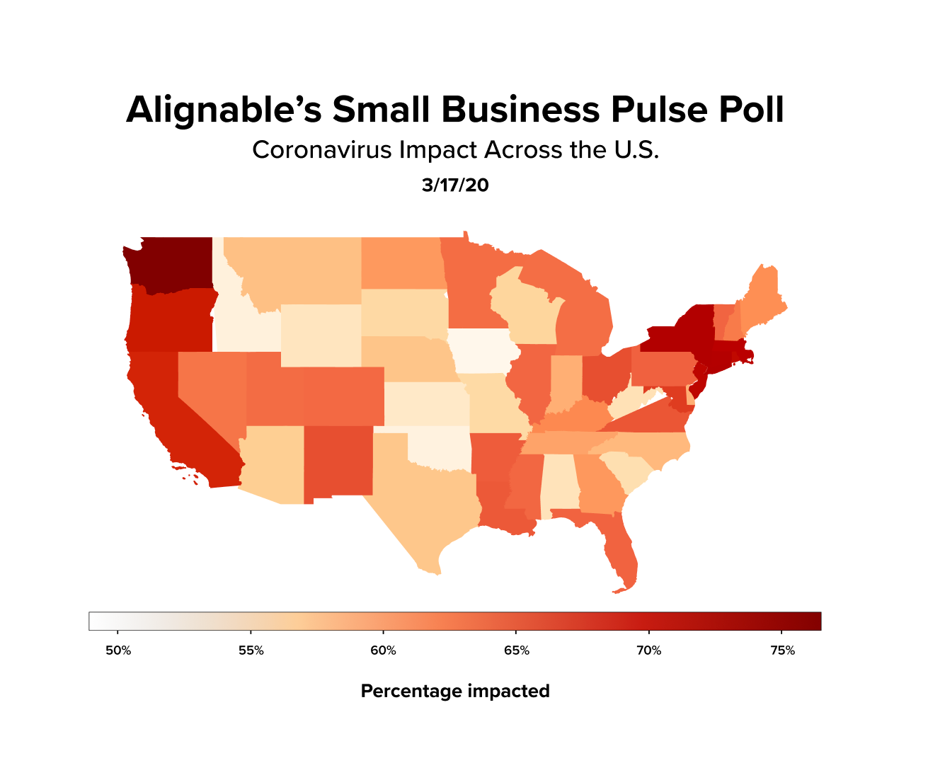 Map of the United States showing coronavirus impact from march 17 2020