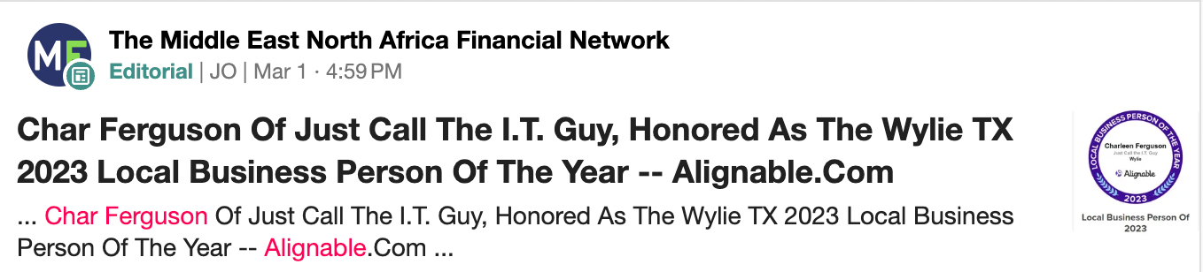 Char Ferguson winner of Alignable's Wylie, TX Business Person of the year 2023