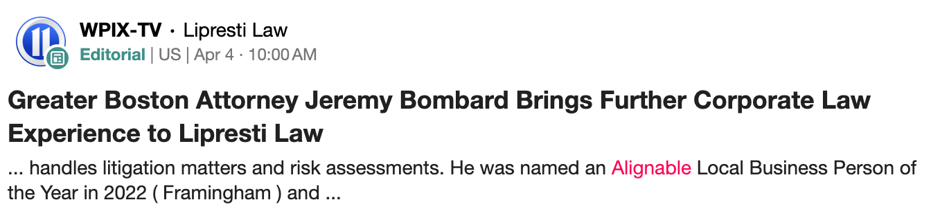 Jeremy Bombard wins Alignable contest two years in a row