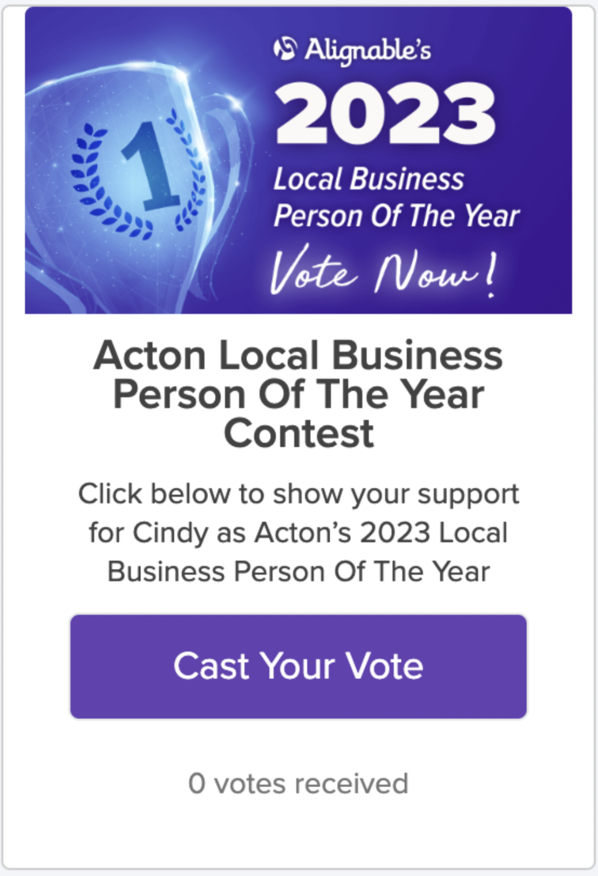 Profile voting block for Alignable's 2023 Local Business Person Of The Year Contest